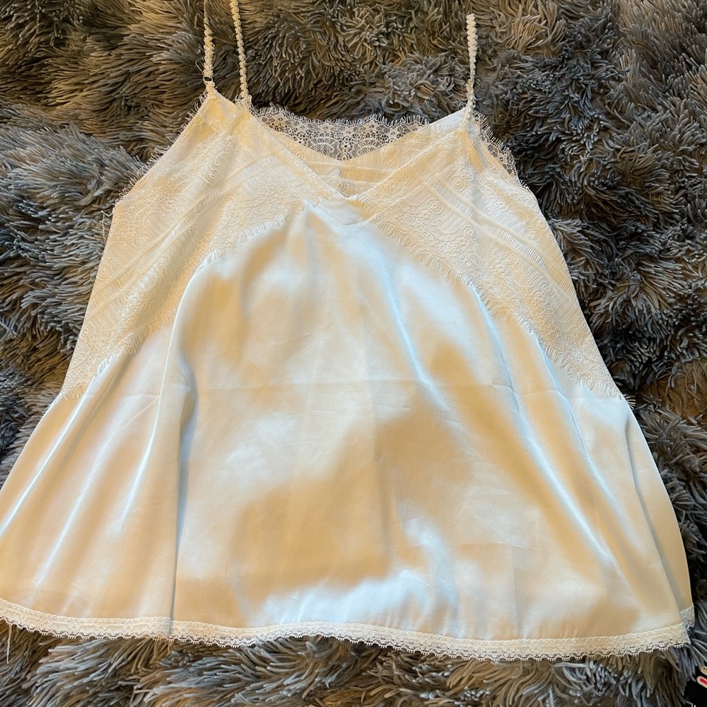 White, silk-like tank top with beautiful detailing